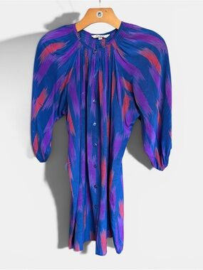Tucker NYC 100% Silk Smocked Neck Chevron Ikat Shirt Dress Boho